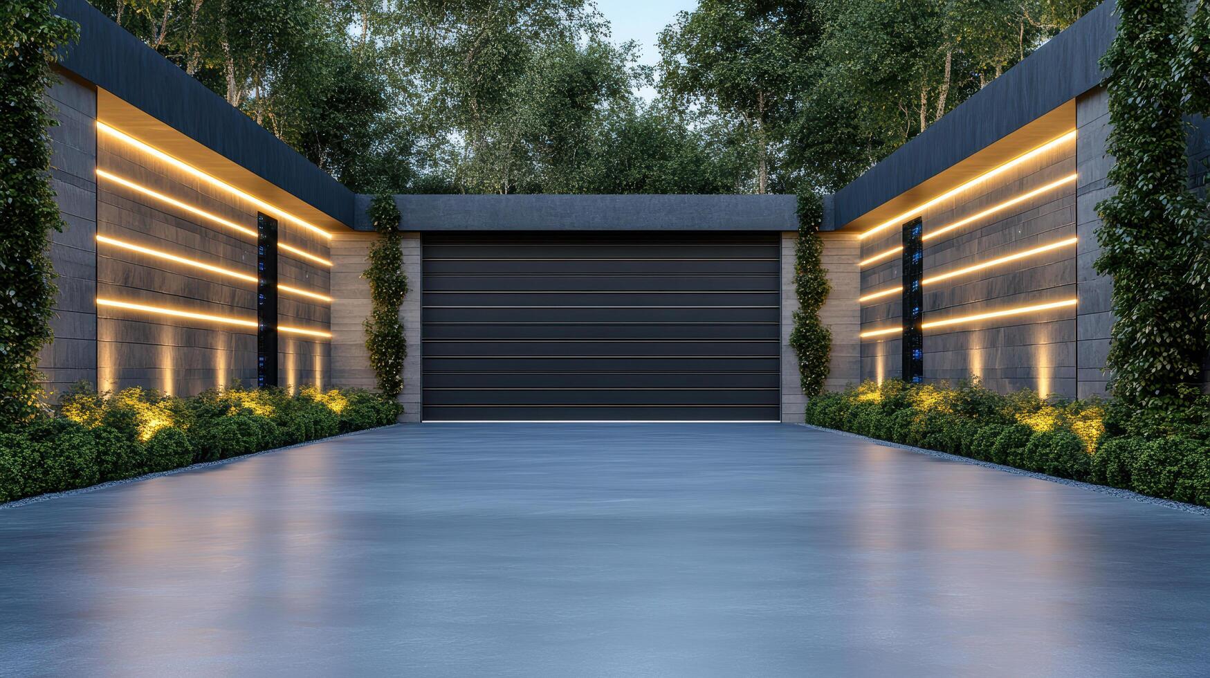 A modern garage with lights and trees photo