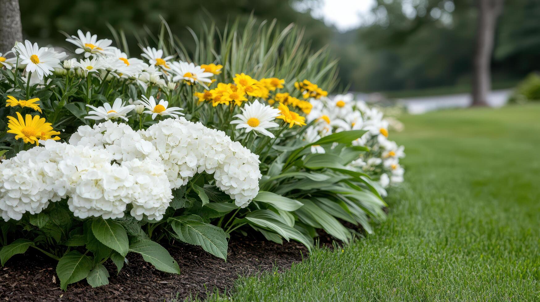 A flower bed with white and yellow flowers photo