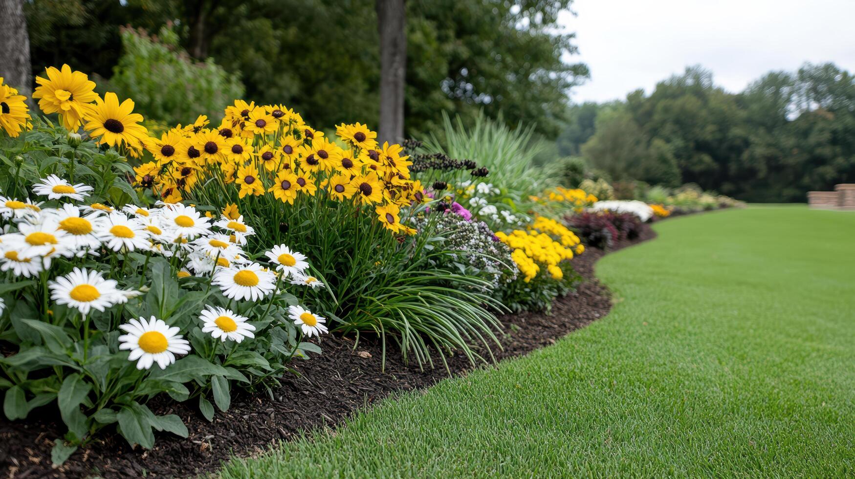A flower bed with yellow and white flowers photo