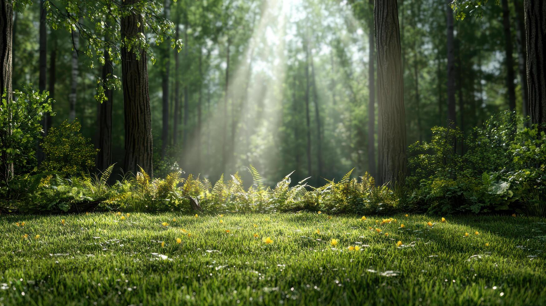 A green field with sunbeams shining through the trees photo