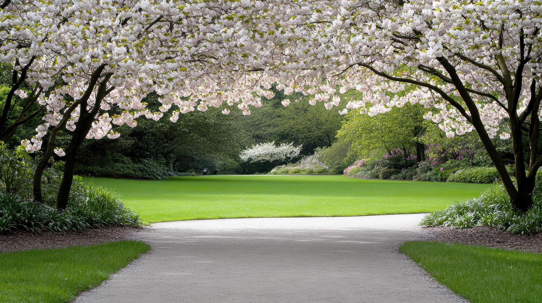 A pathway through a park with trees and flowers photo
