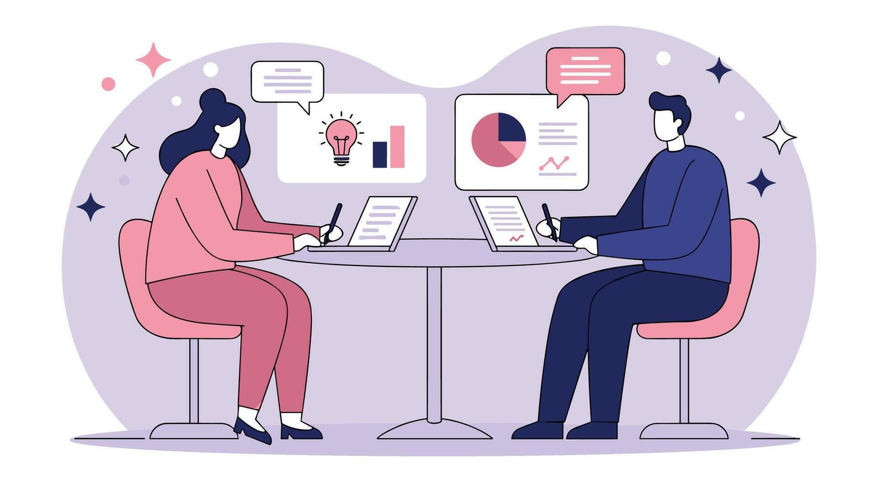 Creative professionals brainstorming business strategies. Woman and man analyzing performance data with digital notes. vector