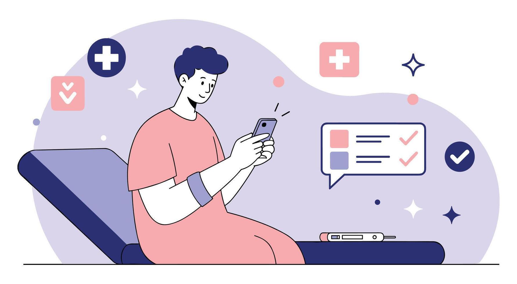 Patient checking medical results on mobile device. Person reviewing healthcare information. vector