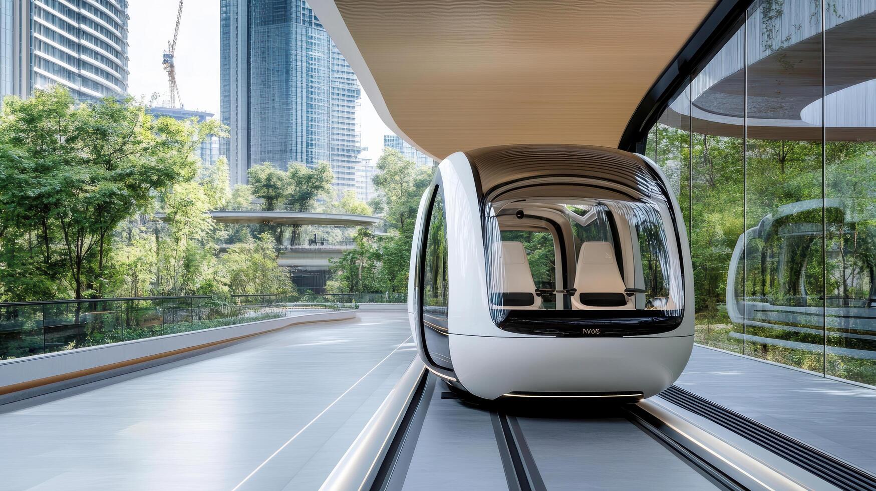 A futuristic train is on the tracks in front of a city photo