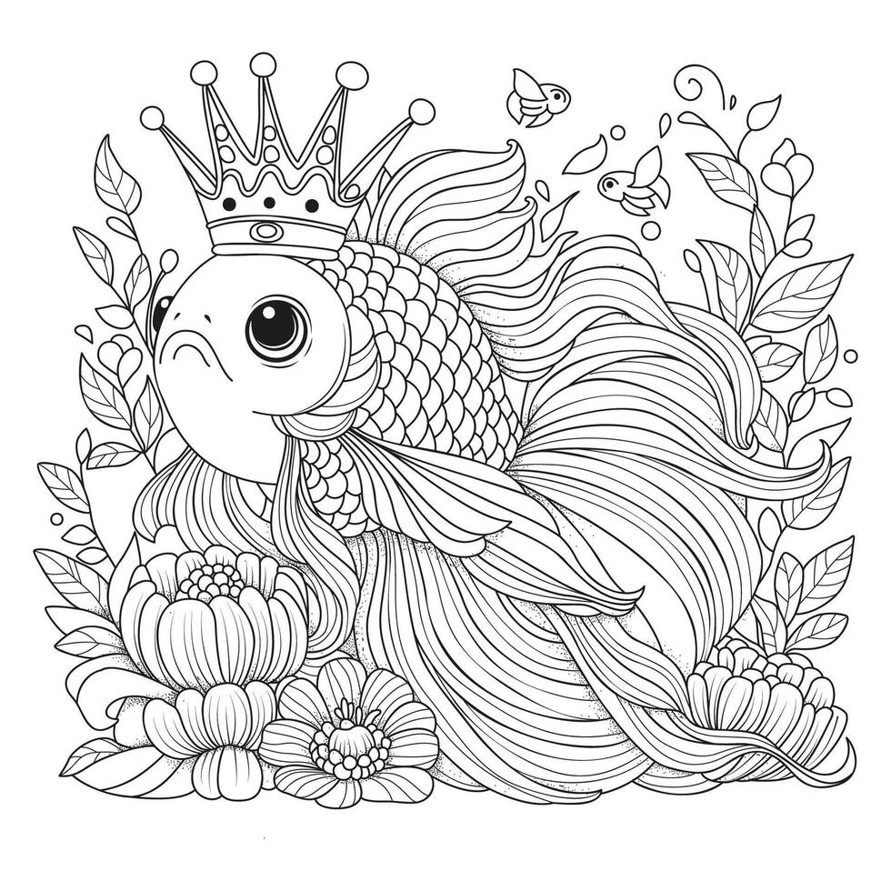A goldfish with a crown on its head, with long fins and tail, swims underwater, decorated with flowers. Coloring page. vector