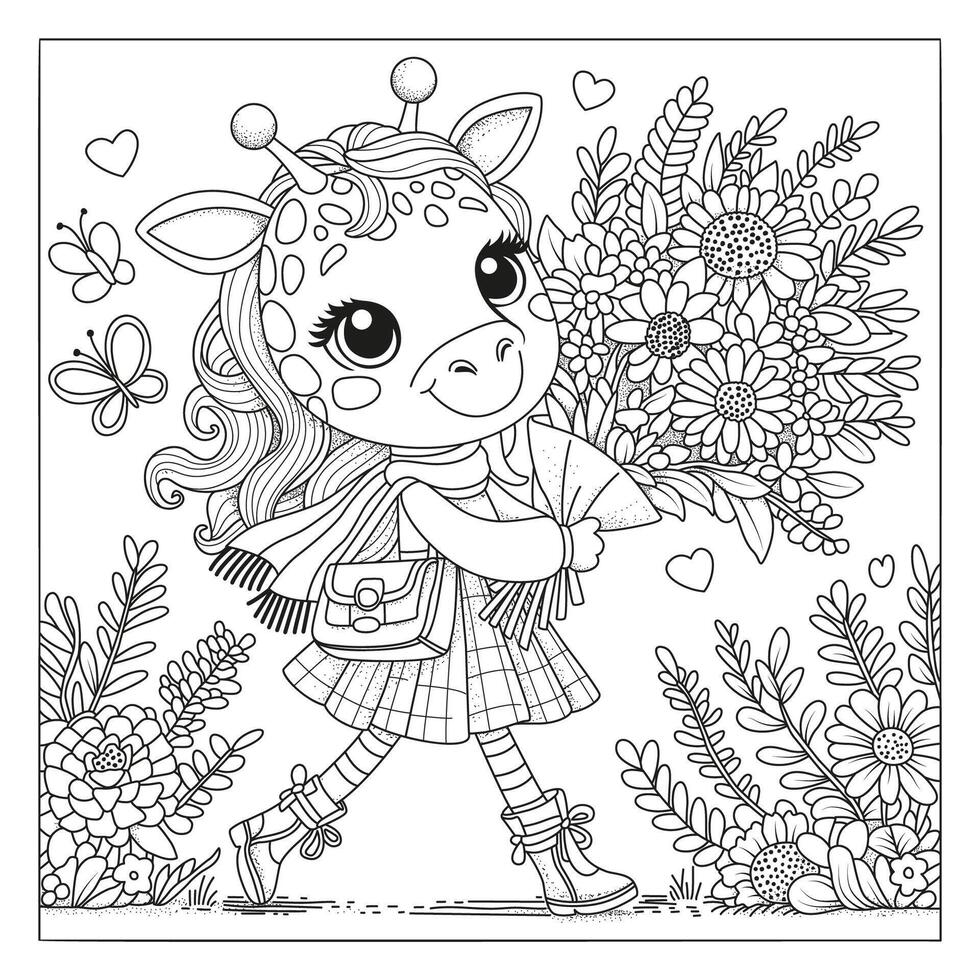 Cute giraffe walks with a big bouquet of flowers. Coloring book page for children and adults. Art therapy. vector