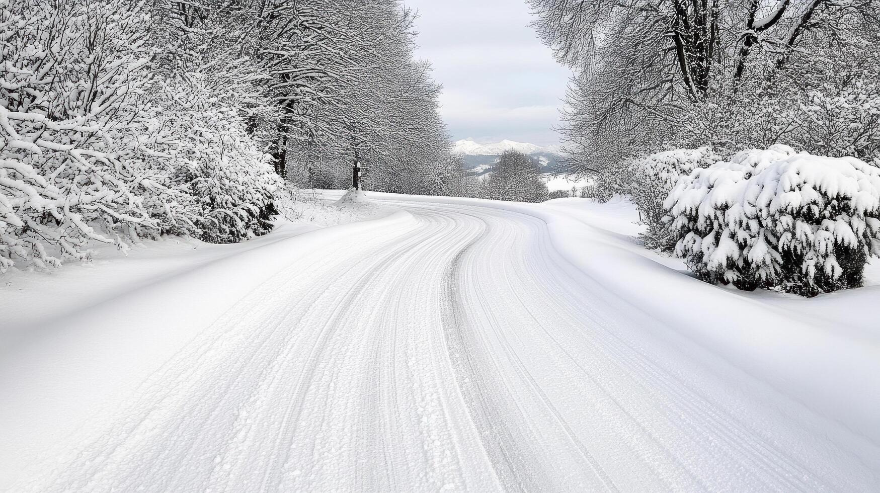 A snowy road is shown in the distance photo