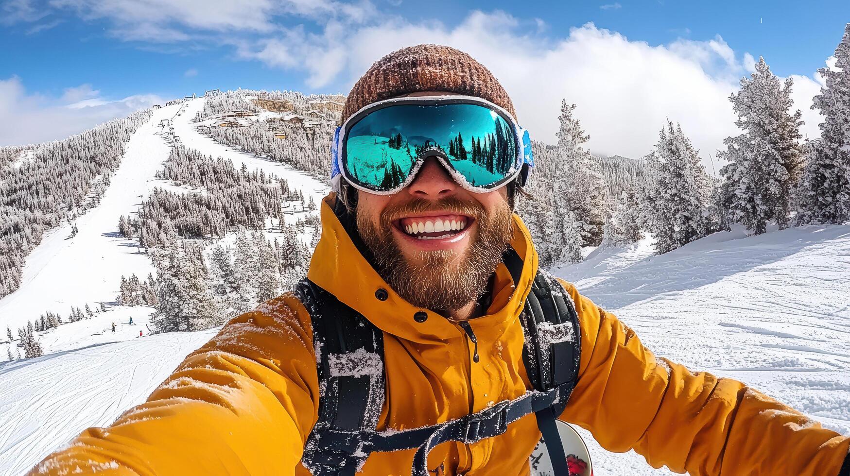 A man in a yellow jacket taking a selfie photo
