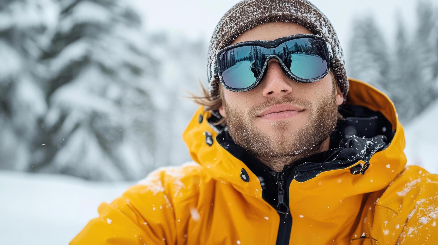 A man in a yellow jacket and sunglasses is taking a selfie photo