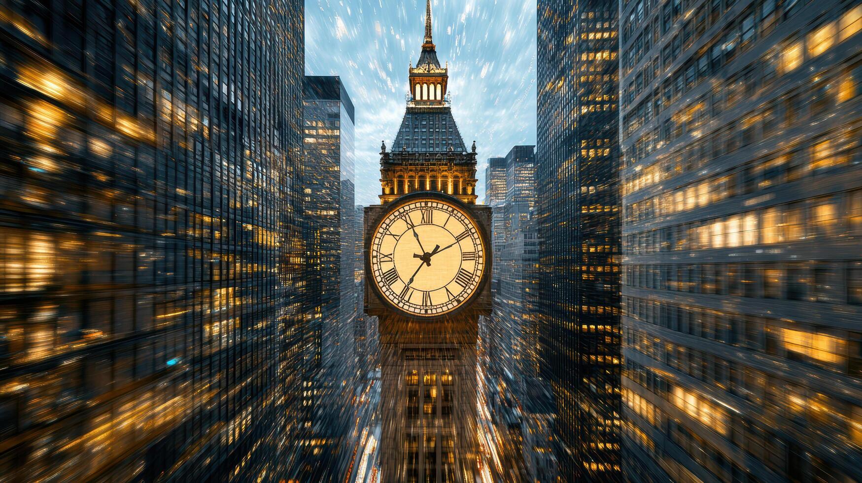 A clock tower in the middle of a city photo