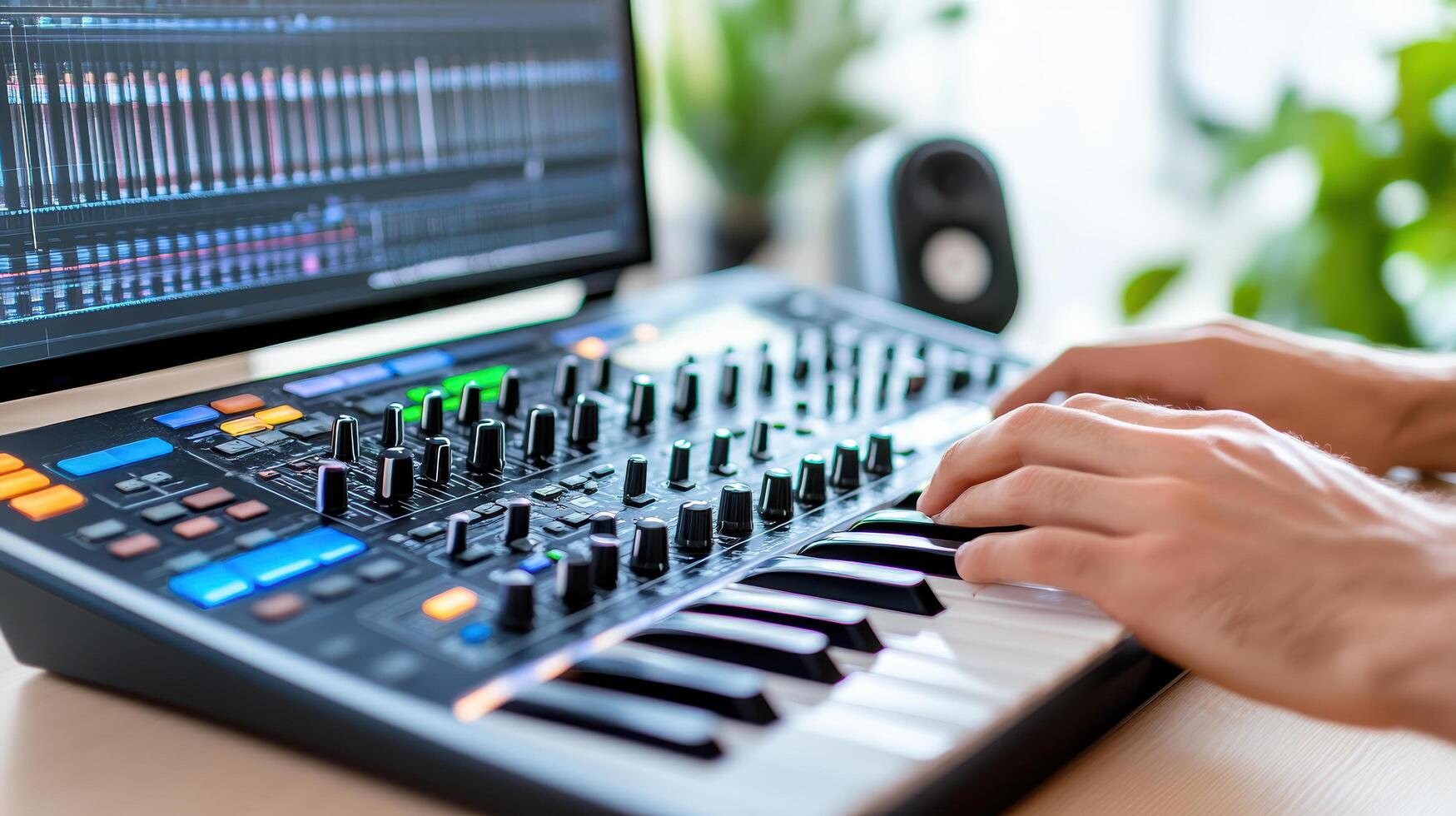 A person is using an electronic keyboard on a computer photo