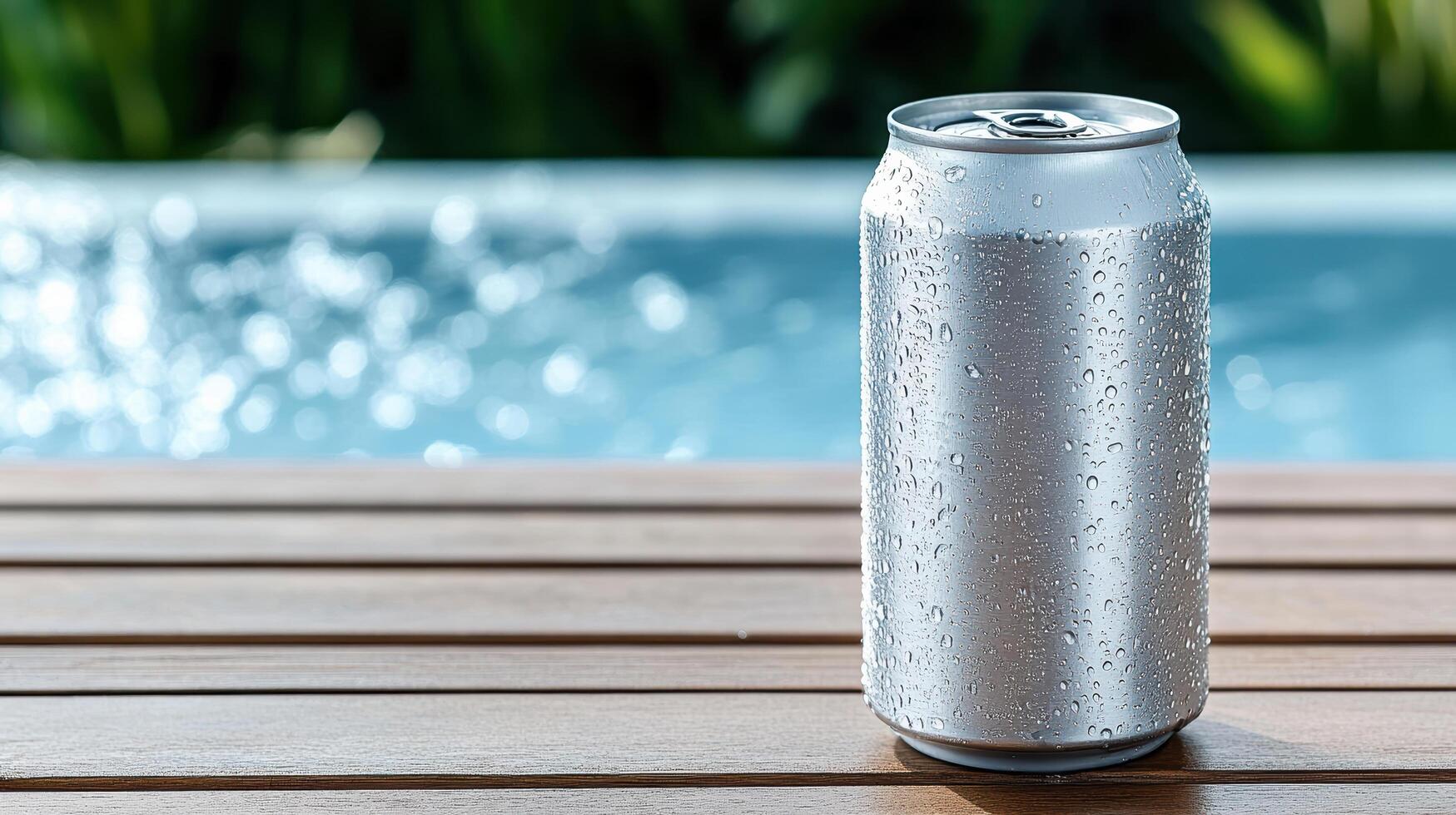 A can of beer sitting on a wooden table photo