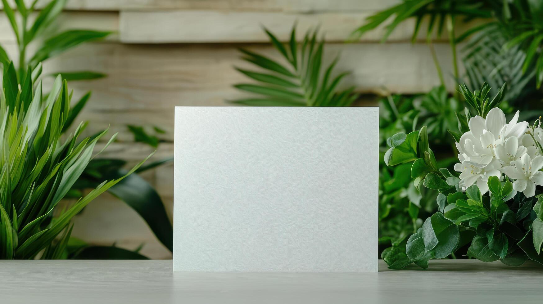 Blank white card mockup on wooden table with green plants photo