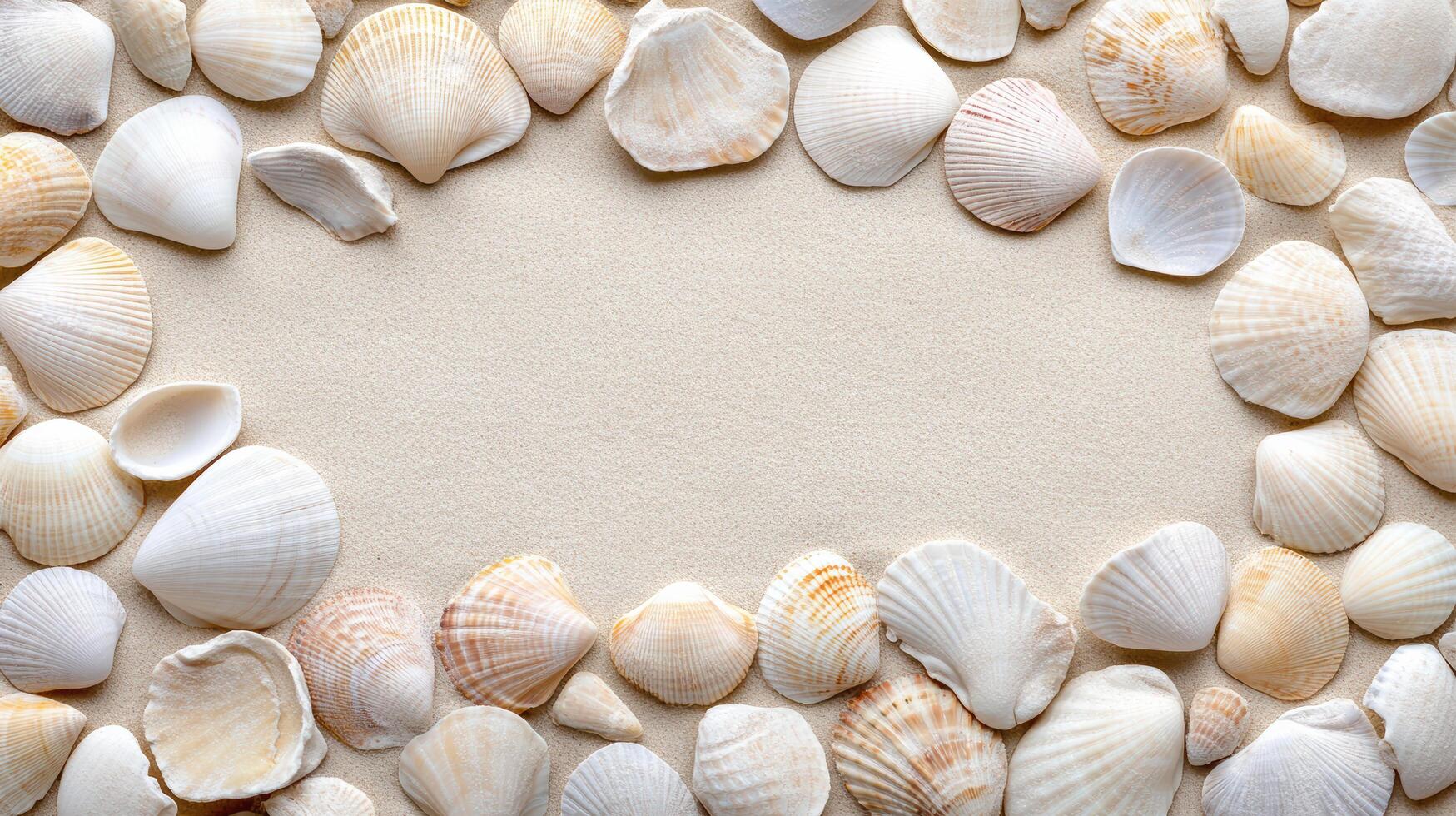Sea shells on a paper background with space for text photo