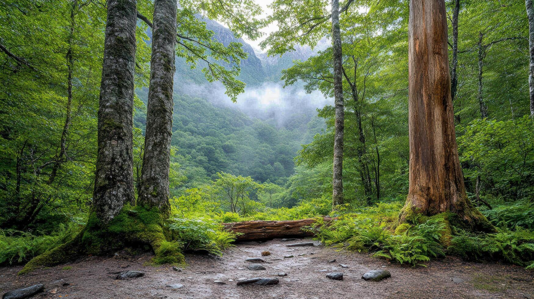 A forest with a fallen tree and a trail photo