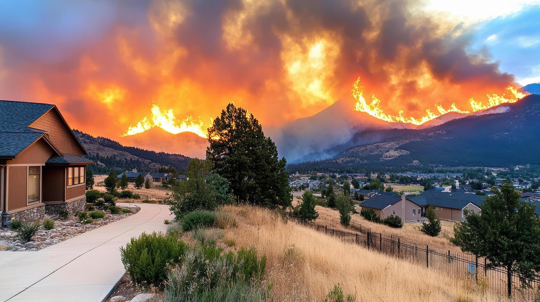 A house is surrounded by a mountain and fire photo