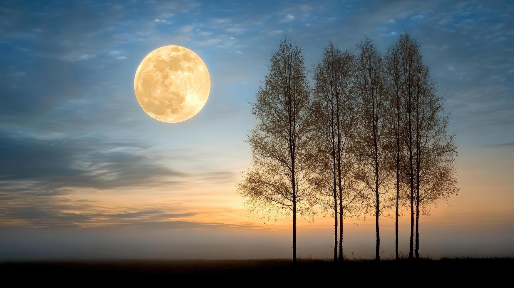 A full moon rising over trees in a field photo