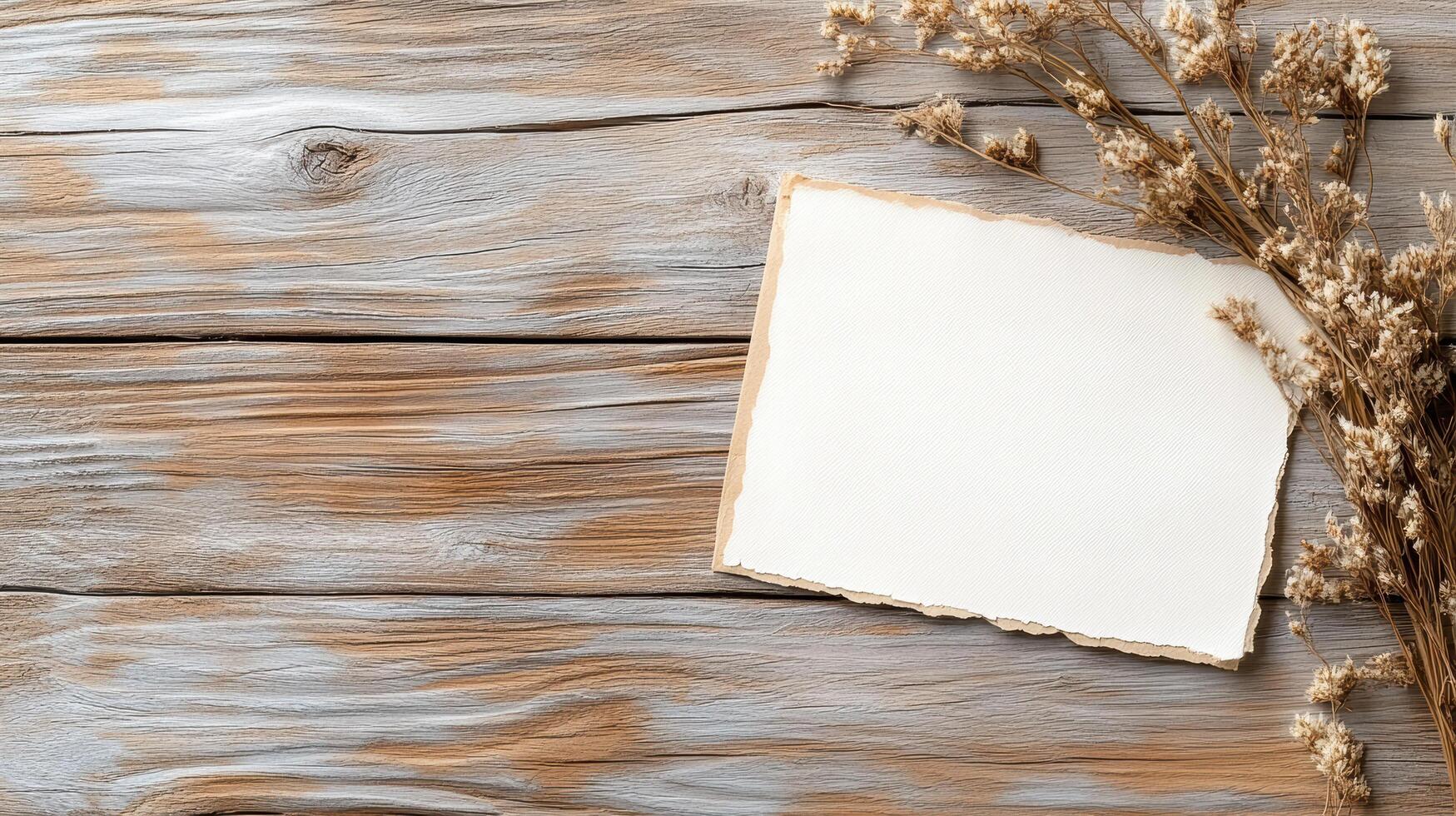 Blank paper and dried grass on wooden background photo