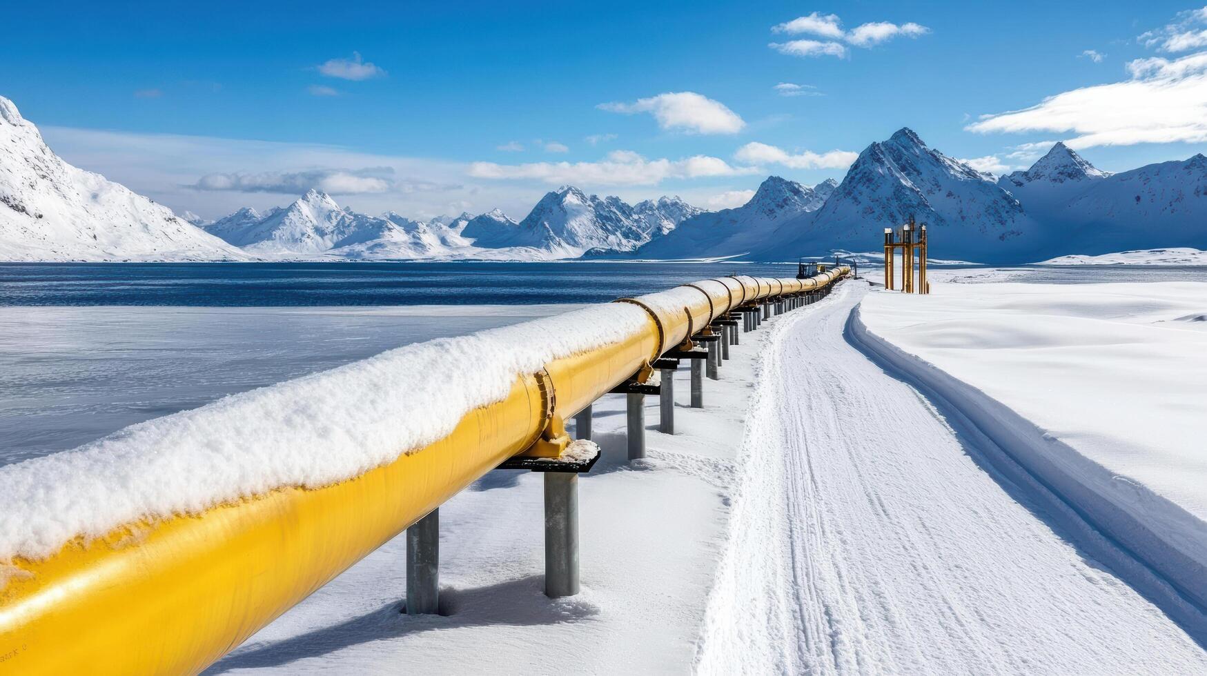 A long pipeline with snow on the ground and mountains in the background photo
