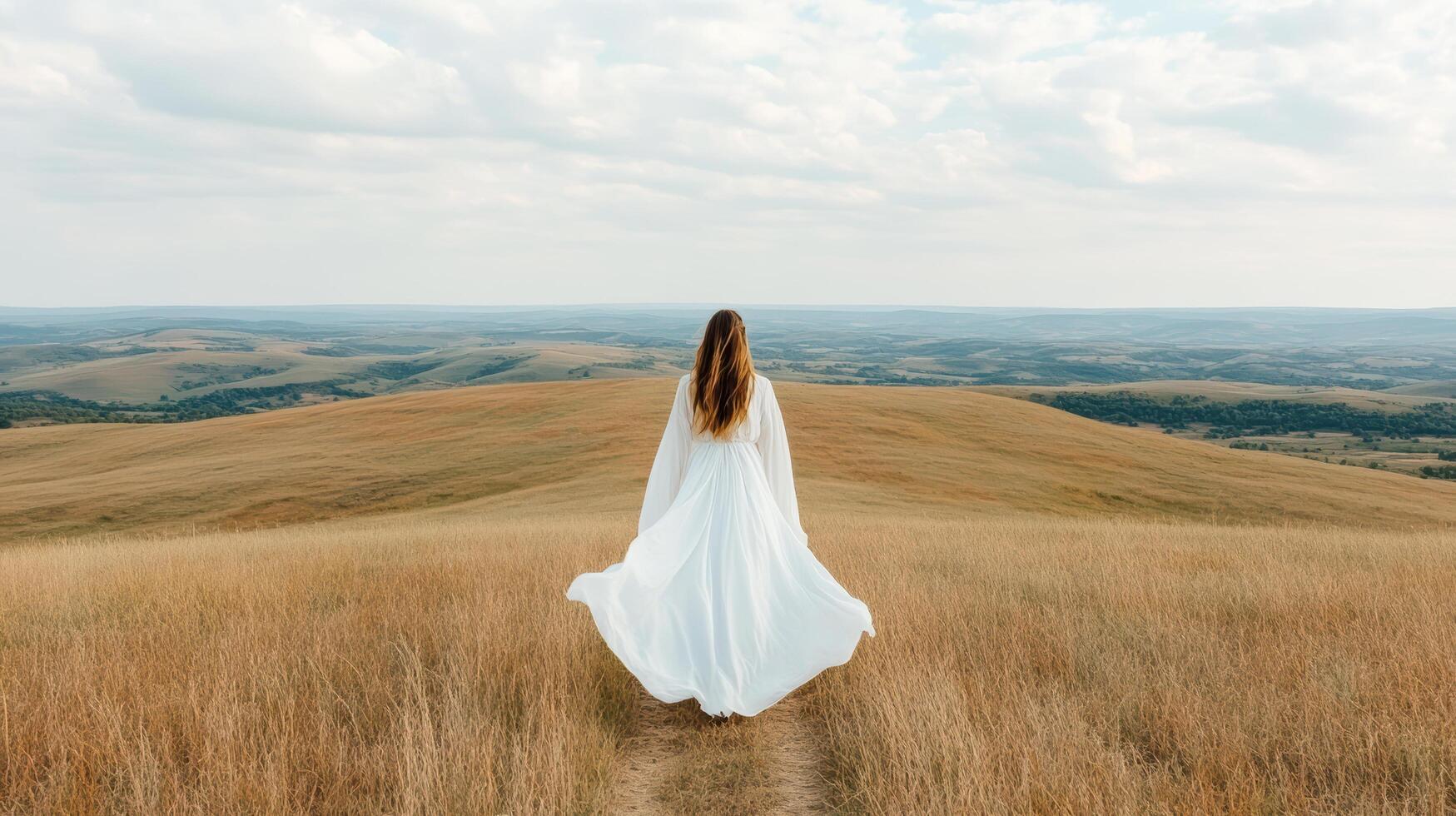 A woman in a white dress walking on a path in the middle of a field photo