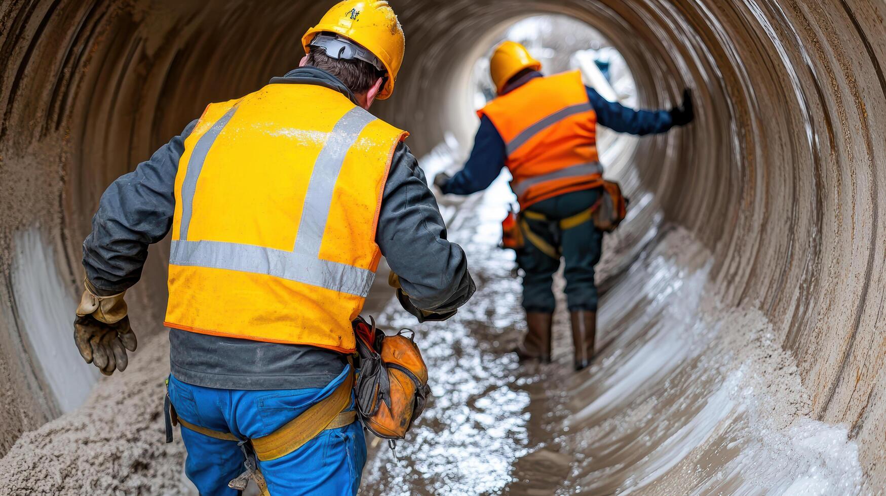 Two construction workers in orange vests and hard hats are walking through a tunnel photo