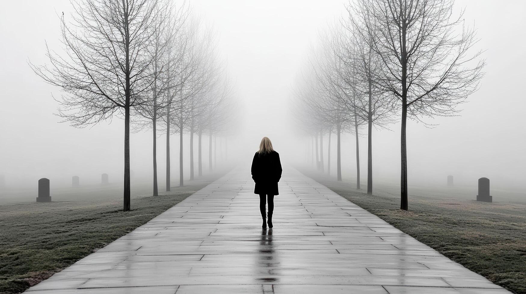 A woman is walking down a path in the fog photo