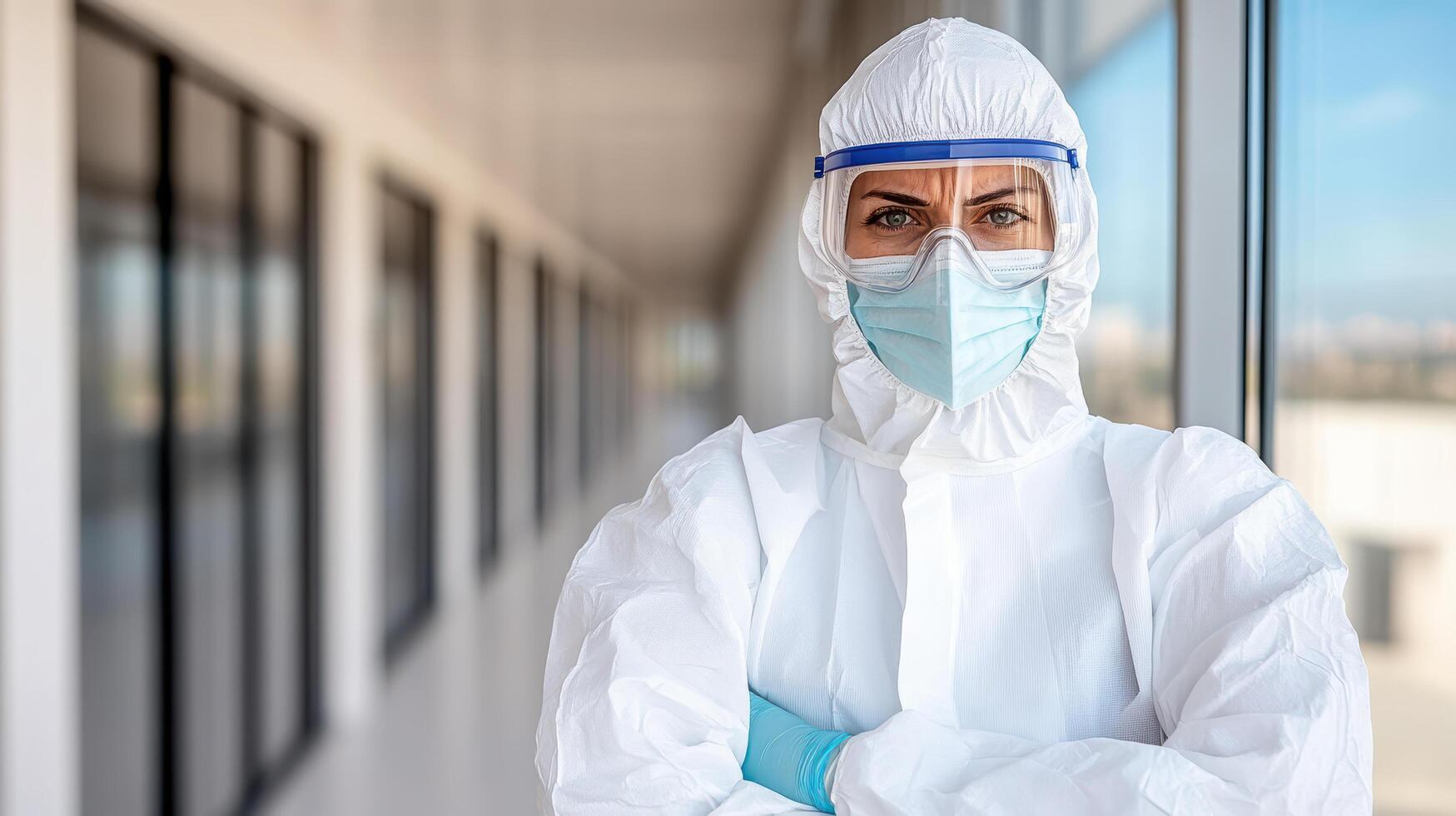 A woman in a protective suit and mask stands in an office photo