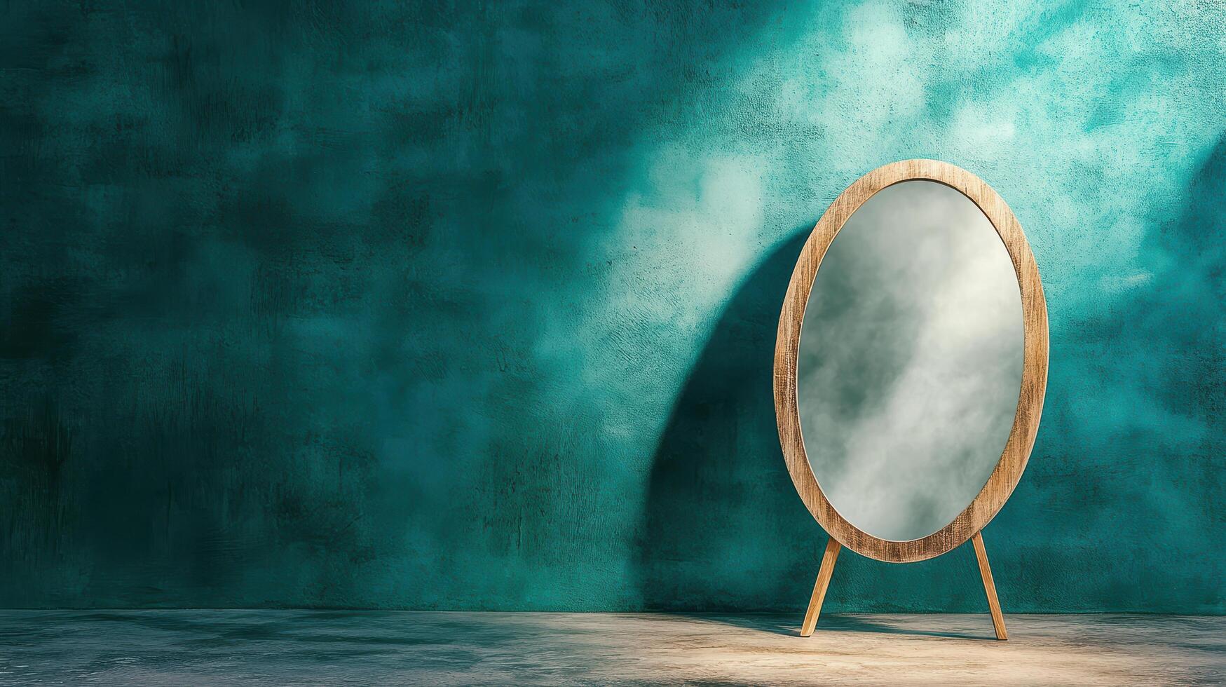 A round mirror is sitting on a wooden stand in front of a green wall photo