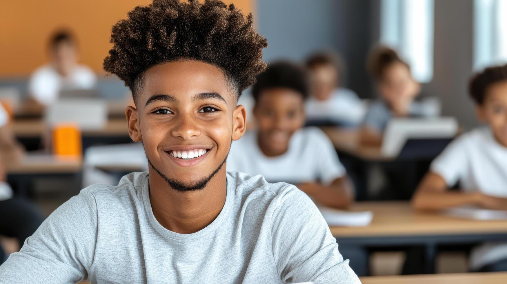 A young boy with an afro is smiling in a classroom photo