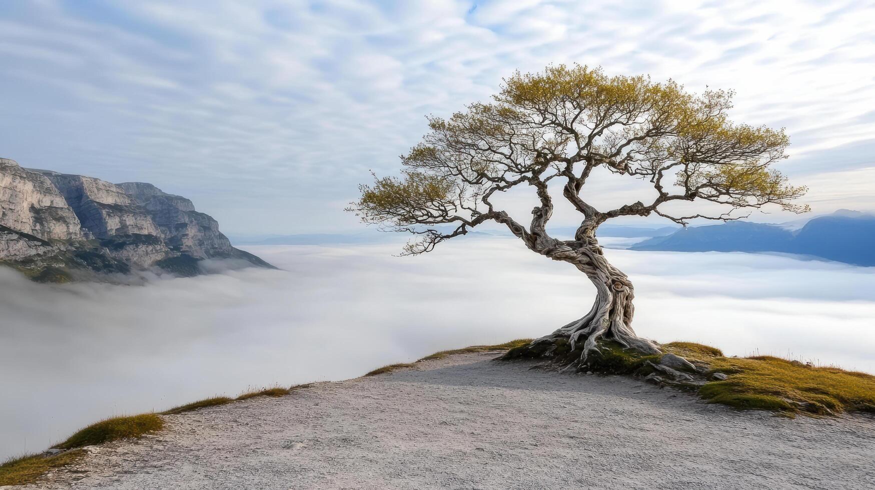 A lone tree stands on a mountain top with clouds in the background photo