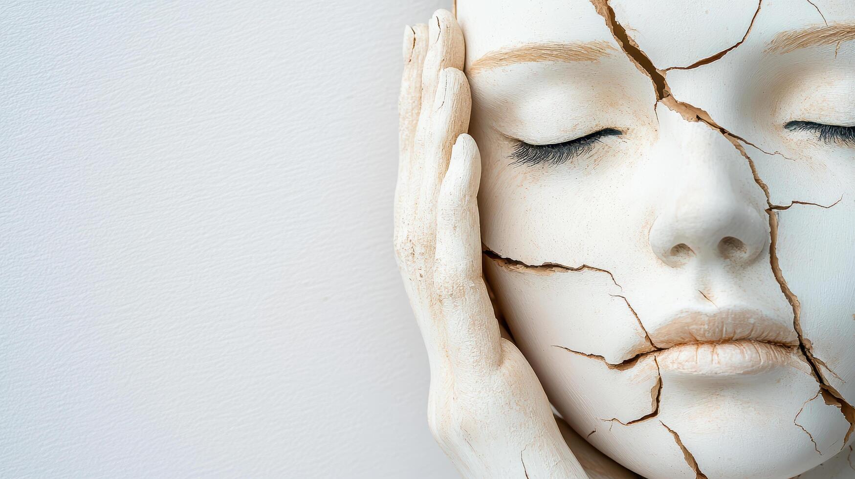 A white statue with cracked skin and eyes photo