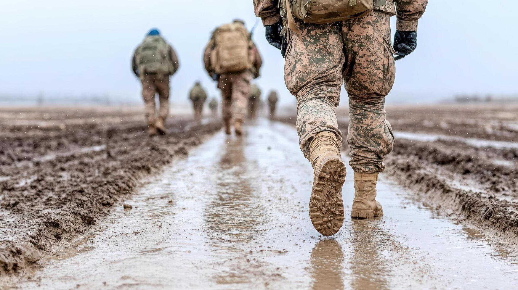 Marines walk through muddy field photo