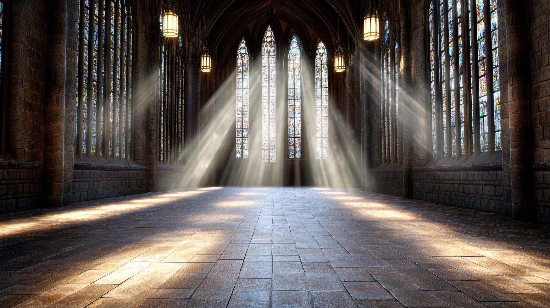 A long hallway with sunlight streaming through the windows photo