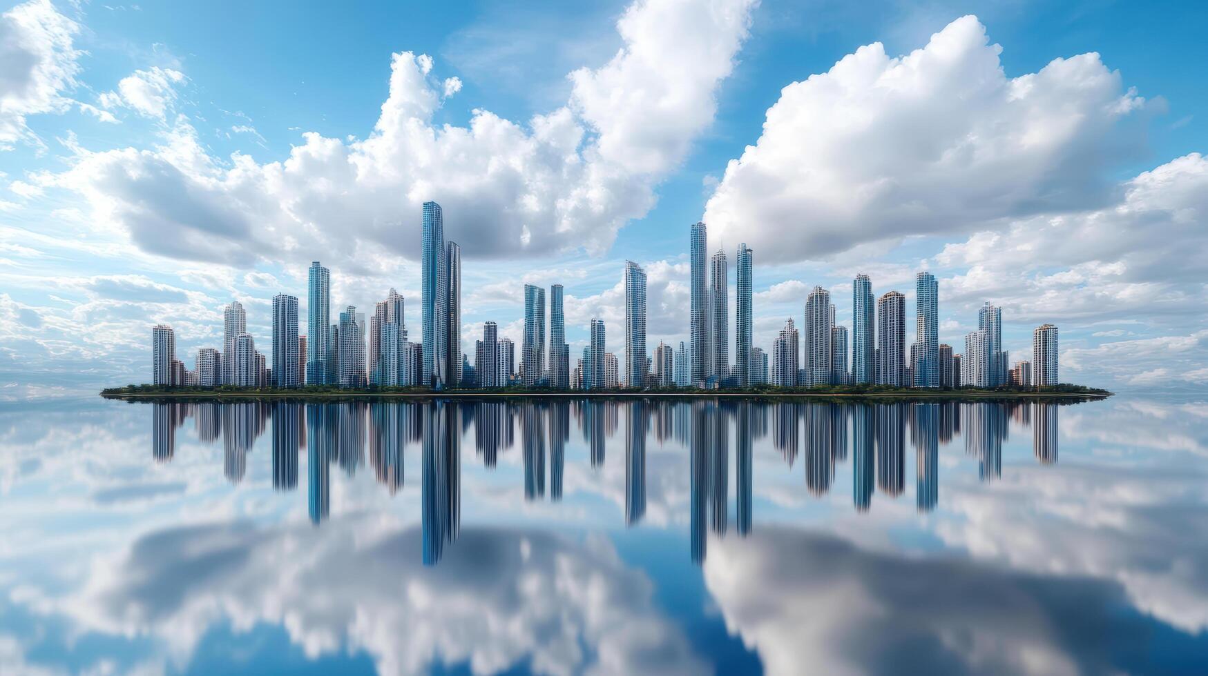 A city with tall buildings reflected in water photo