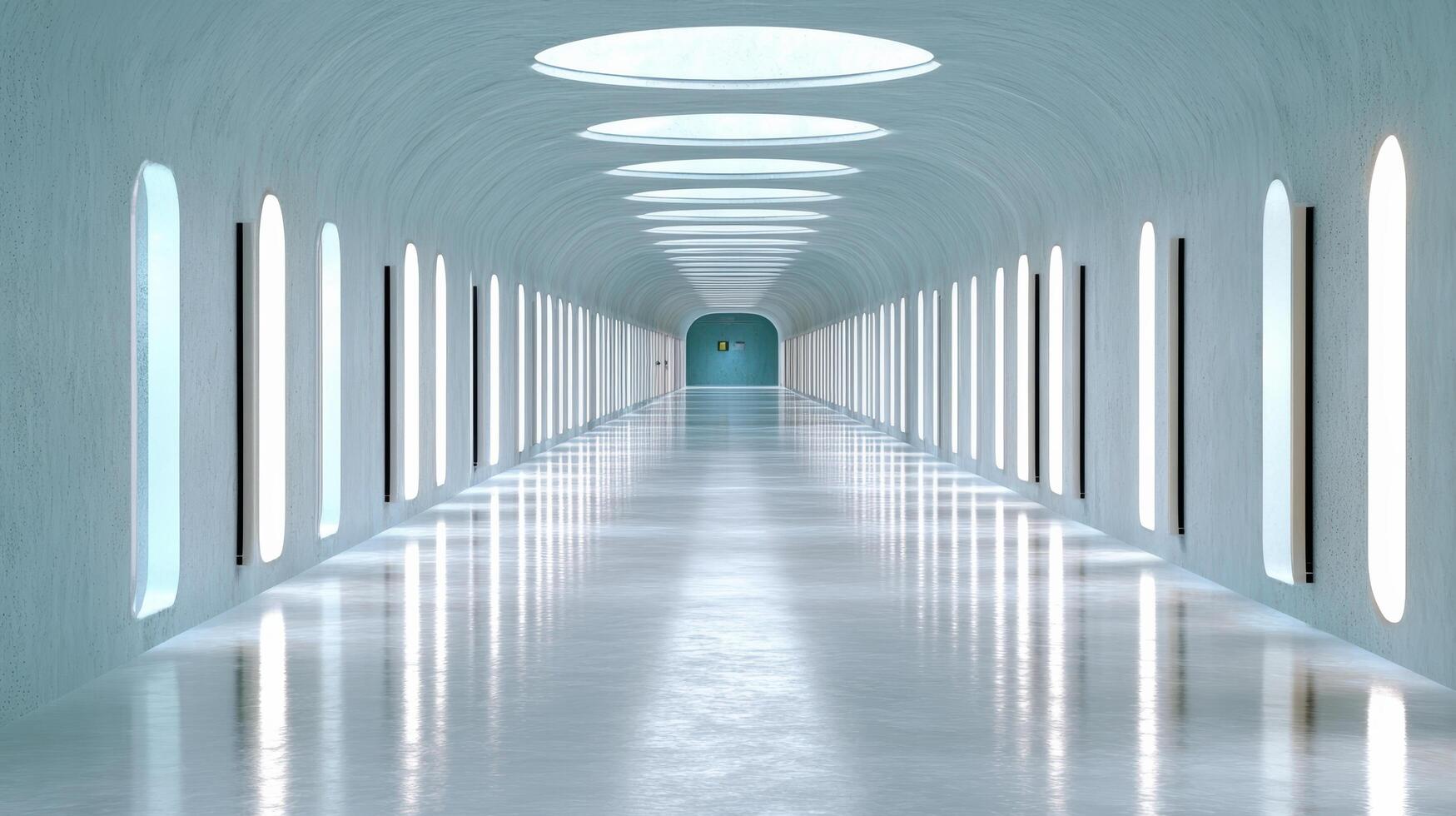 A long hallway with white walls and windows photo