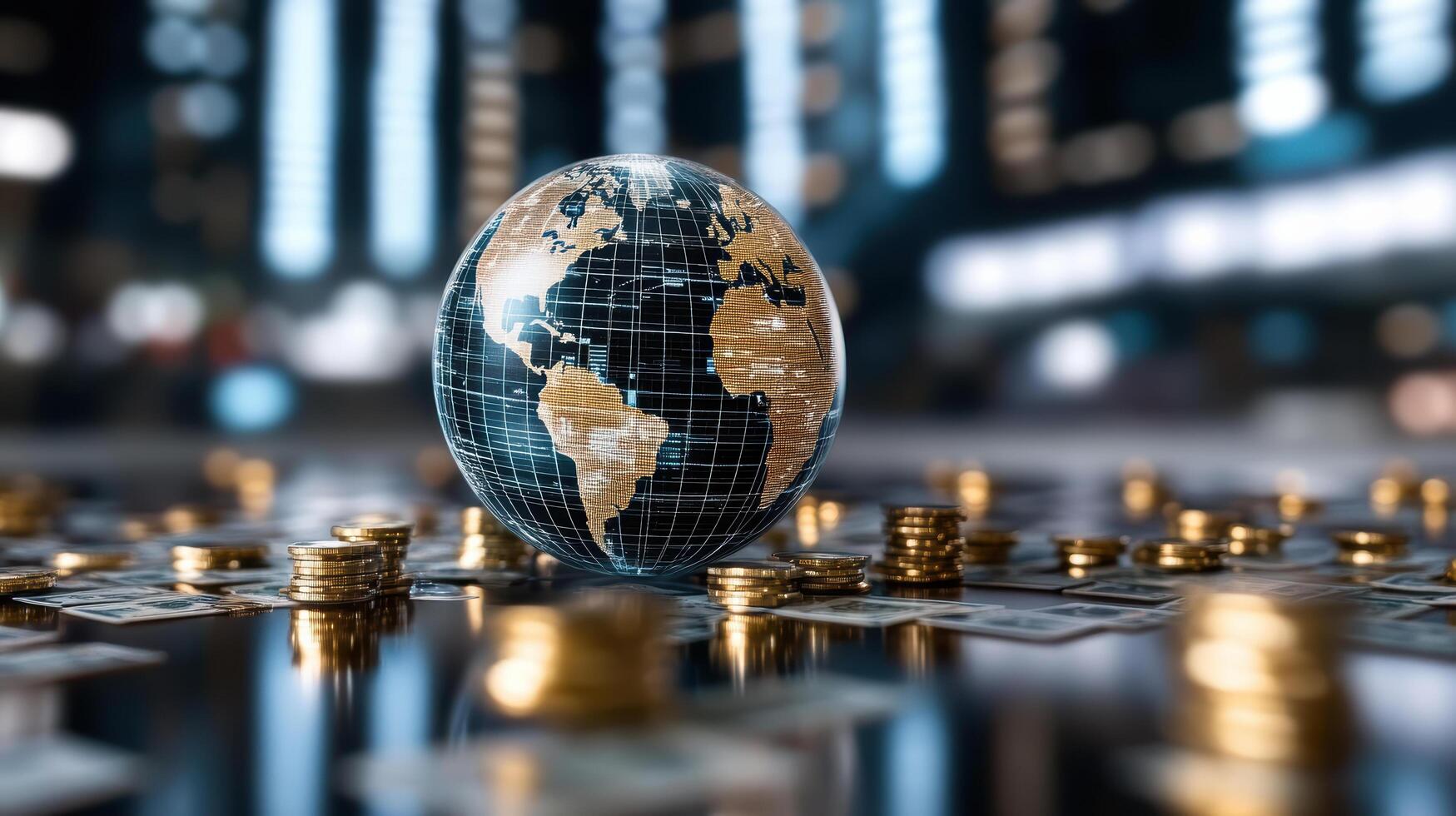 Global economy concept with coins and world globe on a table photo