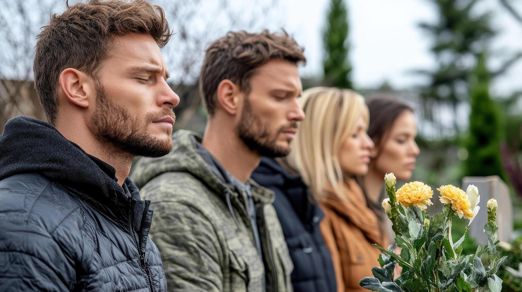 Three people are standing in front of a flower photo