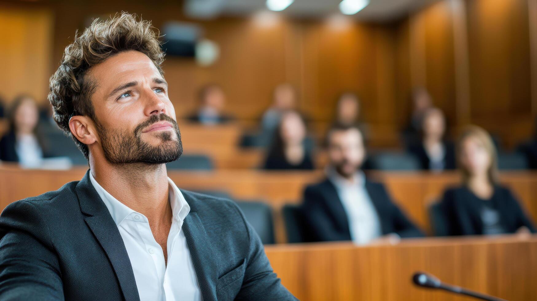 A man in a suit is sitting in front of a conference room photo