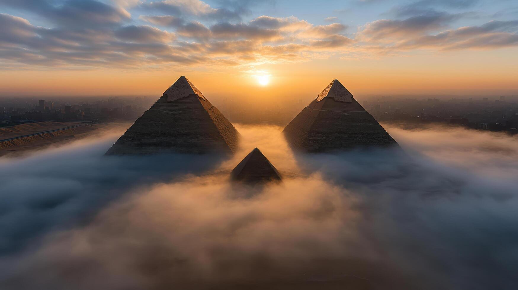 Two pyramids in the fog with the sun setting behind them photo