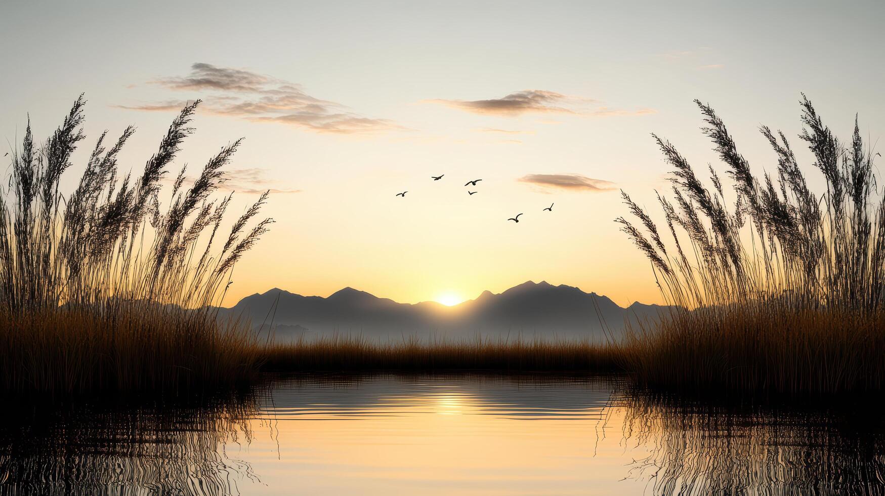 A sunset over a lake with reeds and birds photo