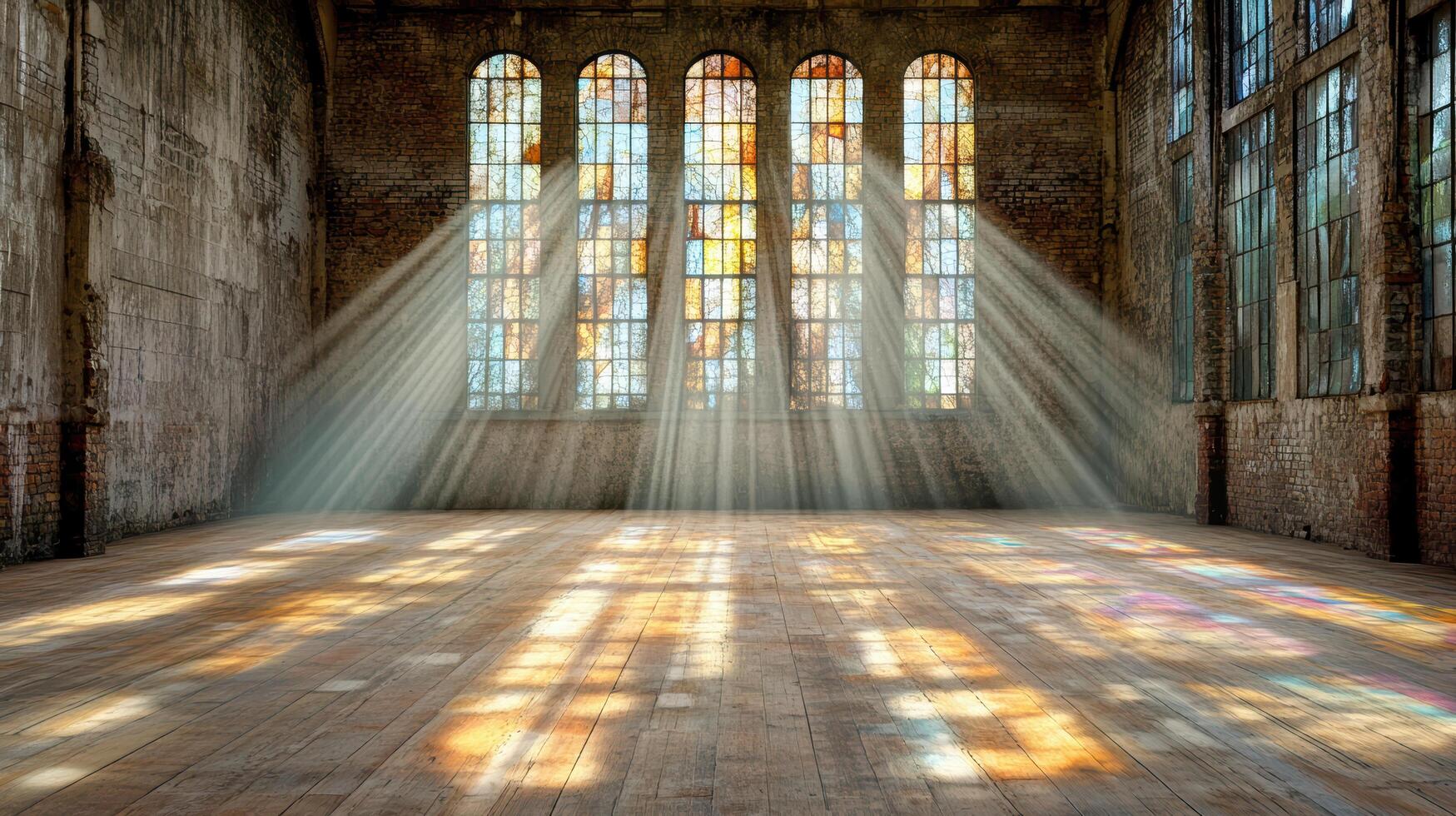 An empty room with sunlight streaming through stained glass windows photo
