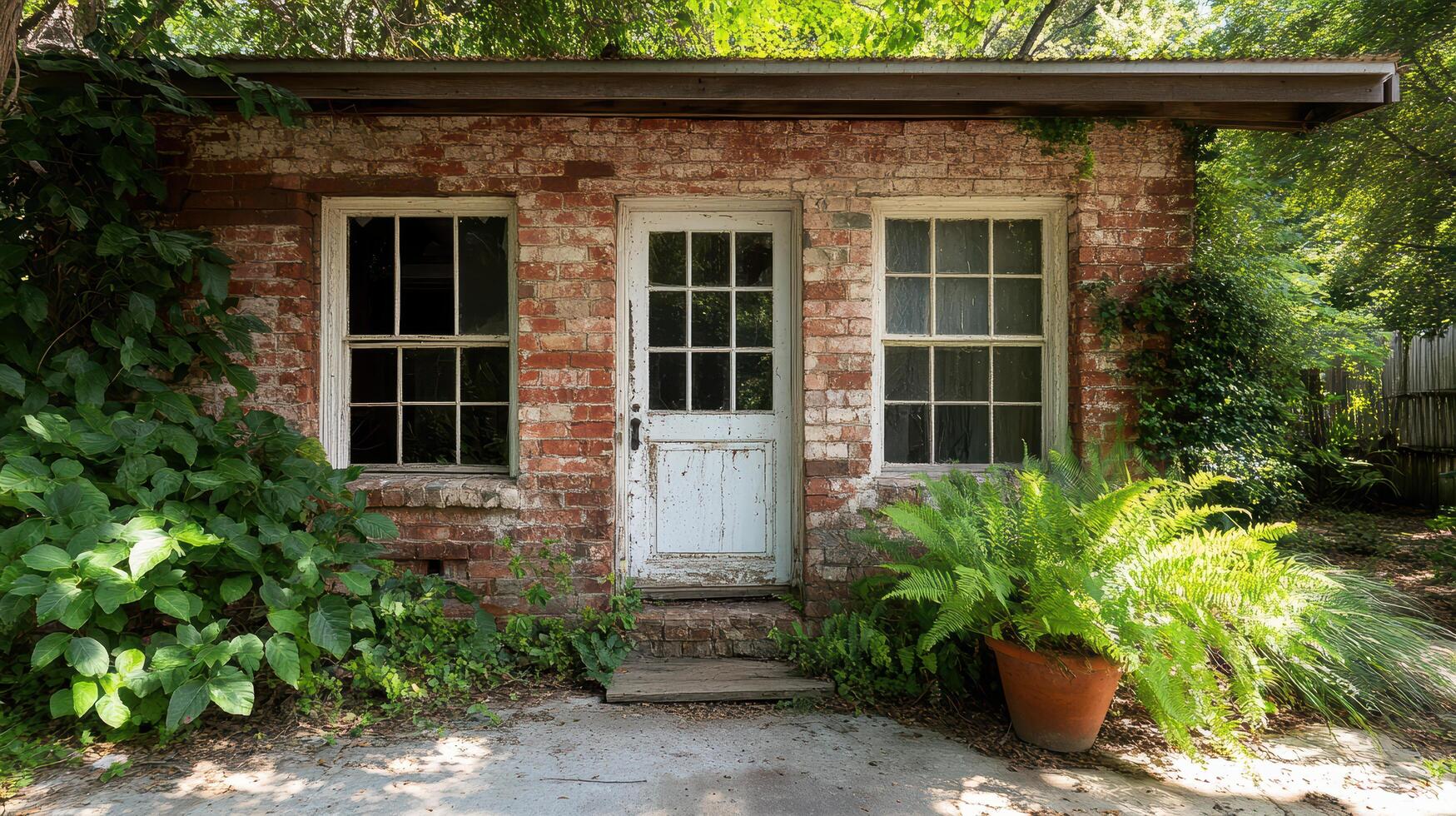 A small brick house with a door and windows photo