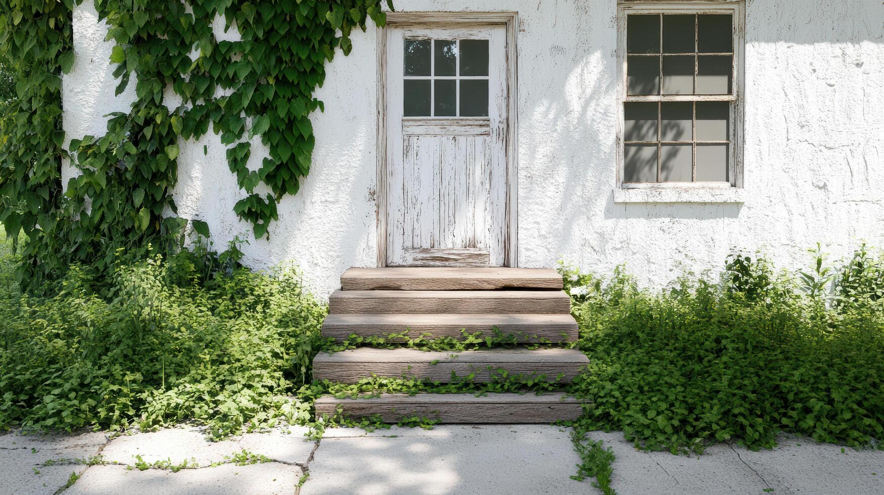 A white house with steps leading to the front door photo