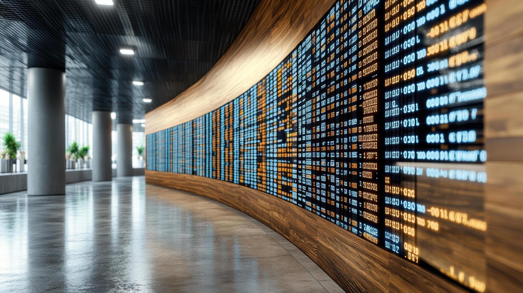 A long hallway with a large display of flight information photo