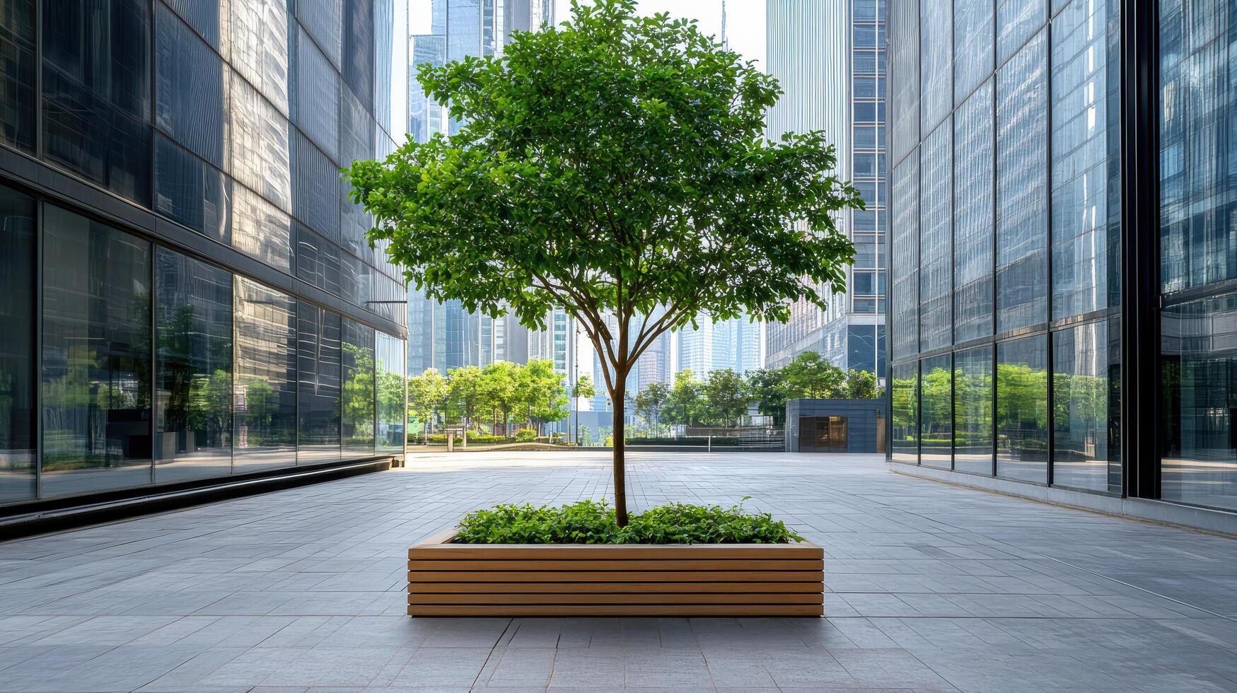 A tree in a planter on a street in front of tall buildings photo