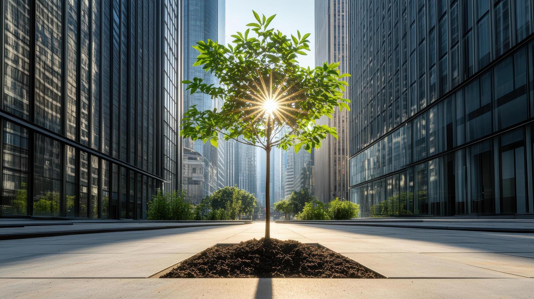 A tree is growing in the middle of a city street photo