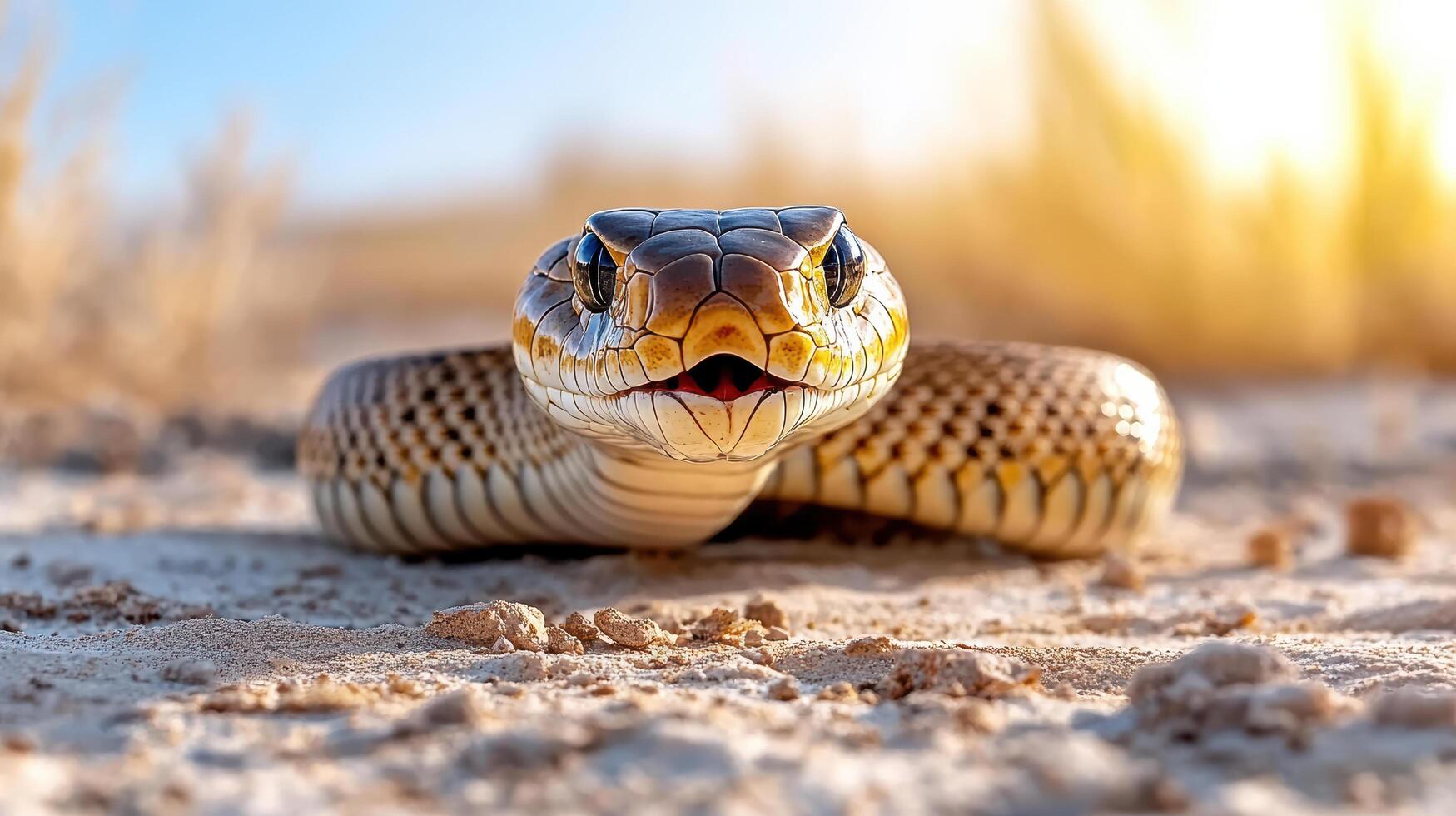 A snake with its mouth open on the desert photo