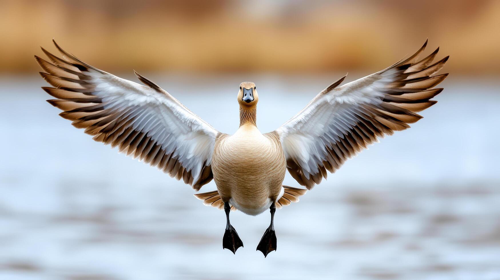A duck with its wings spread out over water photo