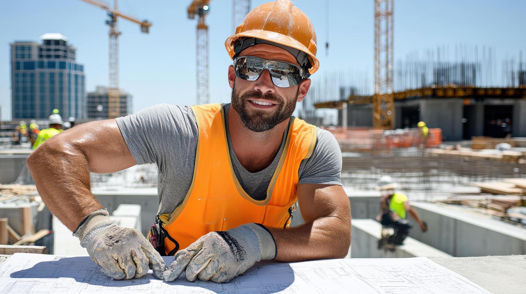 A man in an orange vest and safety glasses is smiling while holding a blueprint photo
