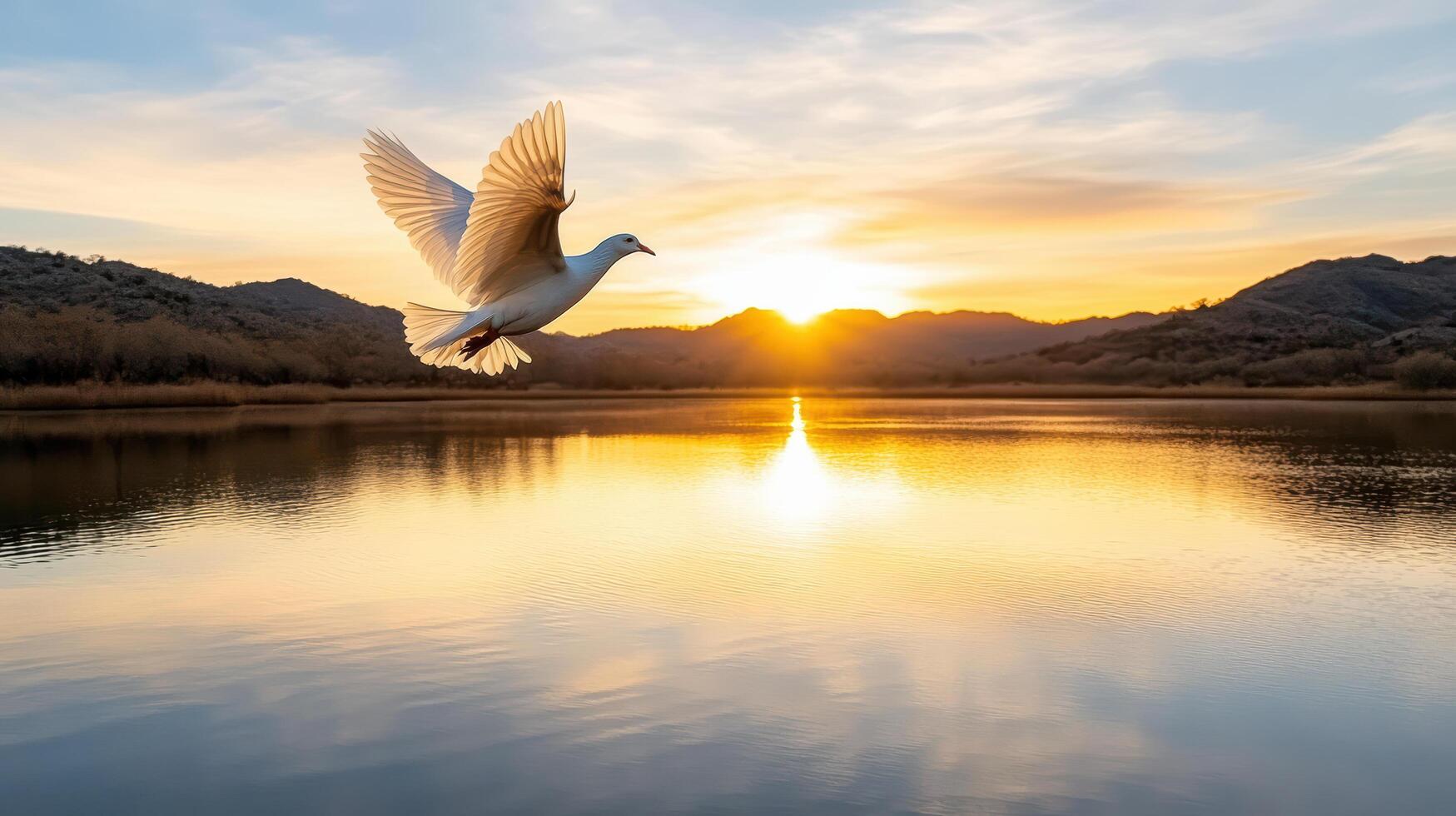 A white dove flying over a lake at sunset photo